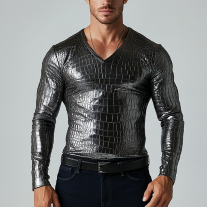 Men's Fashion Slim Fit V-Neck Textured Leather Long Sleeve T-Shirt 90802041K