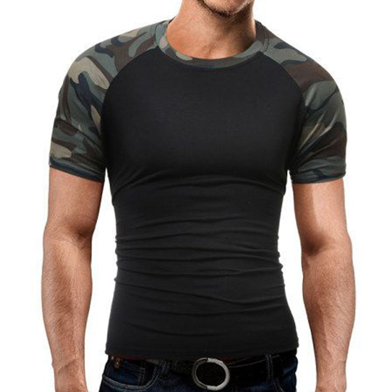 Men's Slim Fit Camouflage Stitching Round Neck Cotton Short Sleeve T-Shirt 45082261U