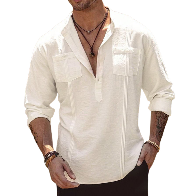 Men's Casual Ice Silk Crinkled Button Collar Long Sleeve T-Shirt 54809987U