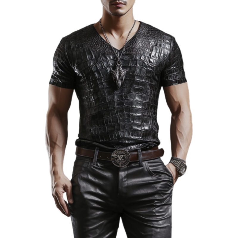 Men's Retro Fashion Slim Fit V-Neck Textured Leather Short Sleeve T-Shirt 63522435K