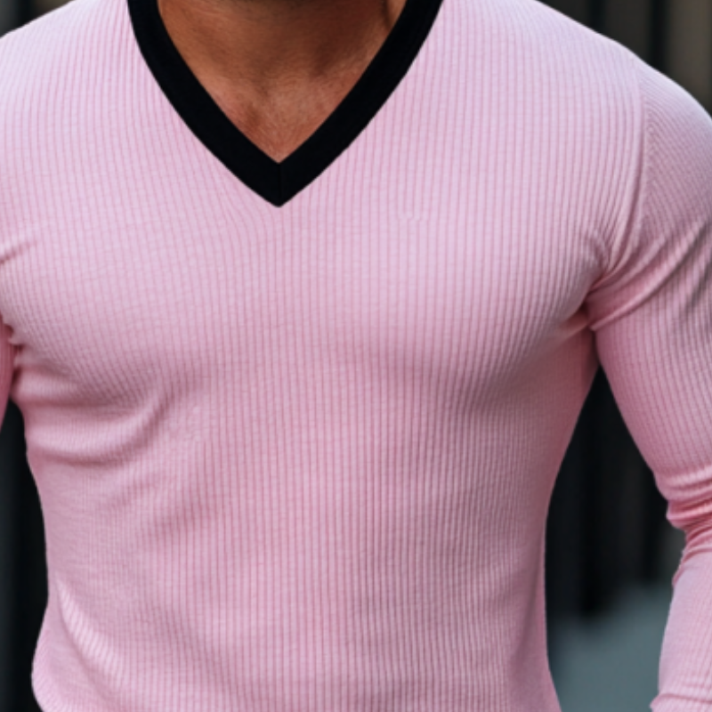 Men's Skin-friendly Ottoman Rib Colorblock Slim Fit V Neck Long Sleeve T-Shirt 72777049Y