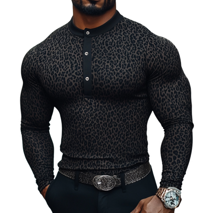 Men's Casual Cotton Blend Leopard Henley Collar Slim Fit Long Sleeve T-Shirt 61874284M