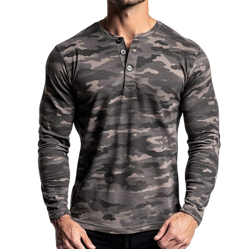 Men's Vintage Casual Camouflage Print Henley Neck Long Sleeve T-Shirt 01597083TO