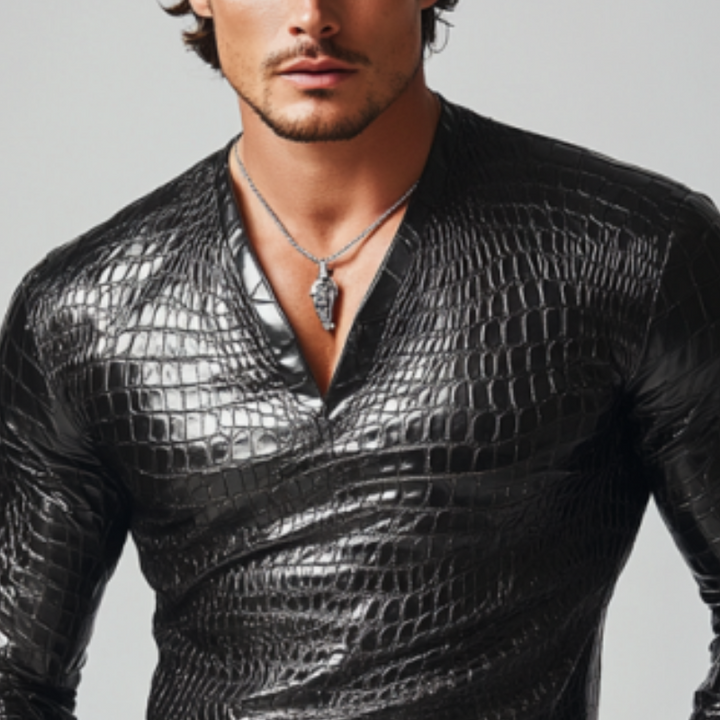 Men's Retro Fashion Slim Fit V-Neck Textured Leather Long Sleeve T-Shirt 35112437K