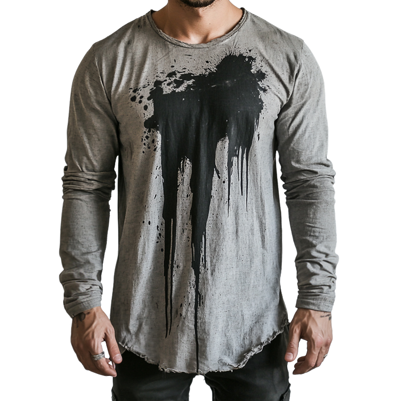 Men's Retro Casual Printed Distressed Round Neck Long Sleeve T-Shirt 79421438TO