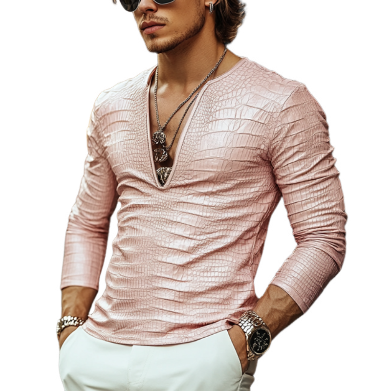 Men's Fashion Slim Fit V-Neck Textured Leather Long Sleeve T-Shirt 96006429K