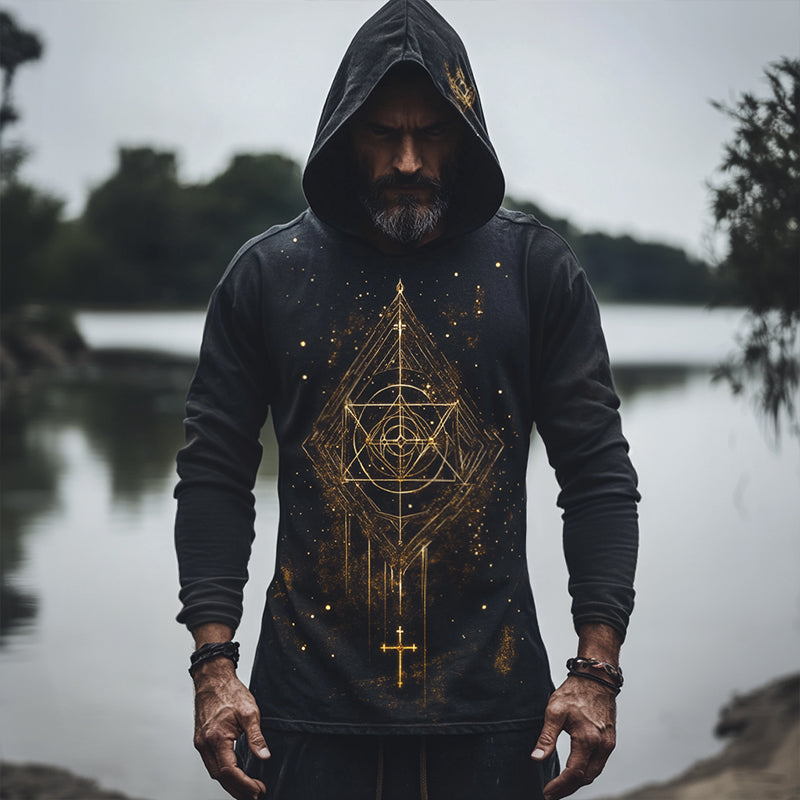 Men's Retro Casual Ethnic Style Geometric Printed Hooded Long Sleeve T-Shirt 75428144TO