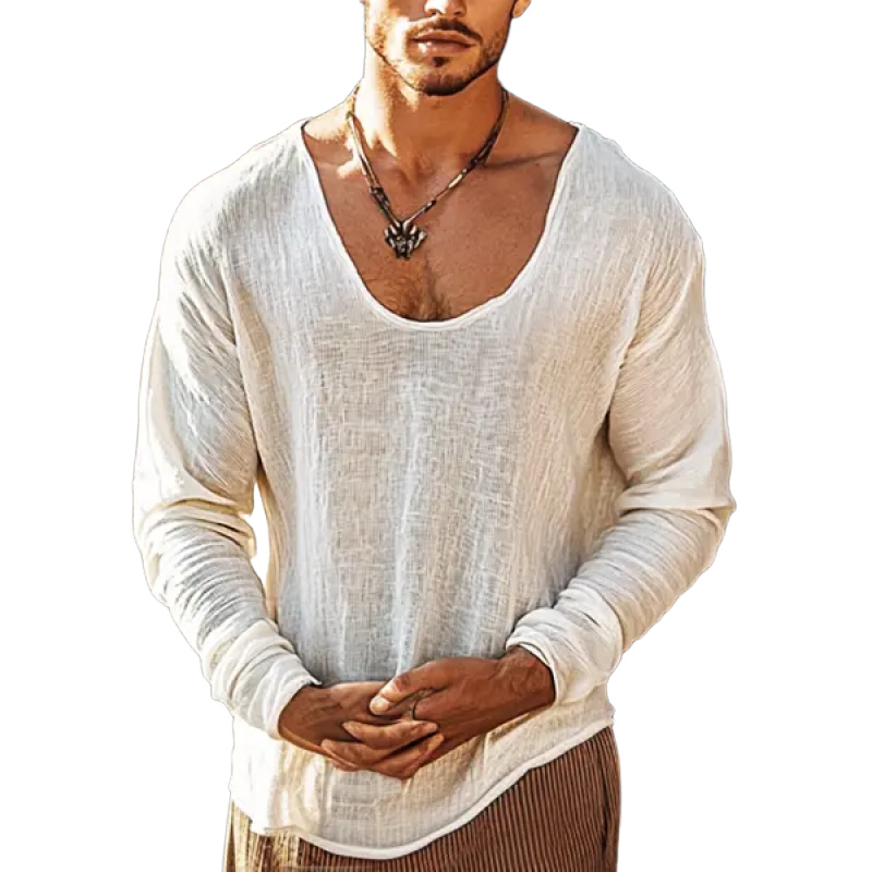 Men's Retro Skin-friendly Cotton and Linen Deep Crew-neck Long-sleeved T-shirt 29043543Y