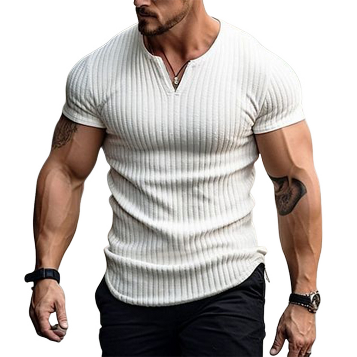 Men's Slim Fit Small V-neck Solid Color Ribbed Short-sleeved T-shirt 77851077U