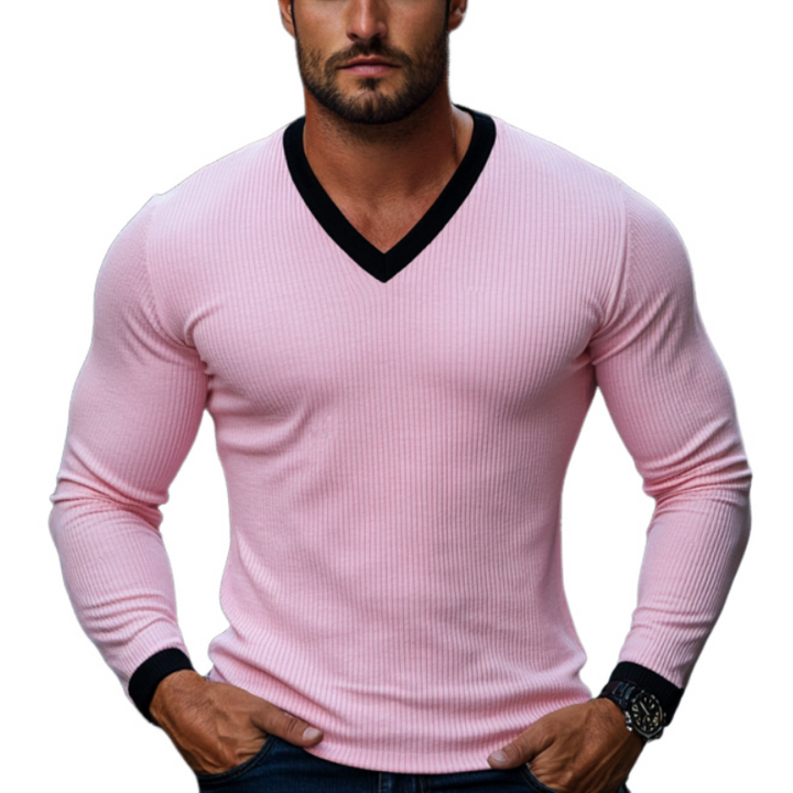 Men's Skin-friendly Ottoman Rib Colorblock Slim Fit V Neck Long Sleeve T-Shirt 72777049Y