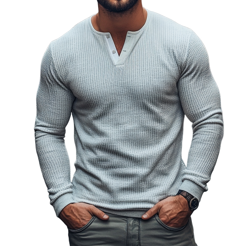 Men's Vintage Casual Waffle Henley Neck Long Sleeve T-Shirt 69626419TO