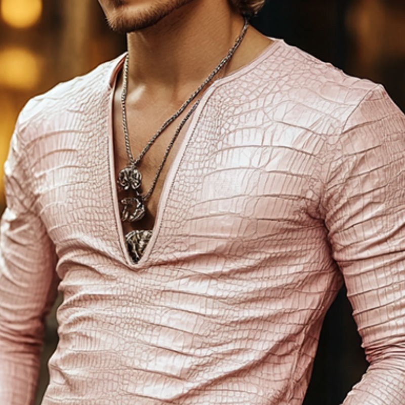 Men's Fashion Slim Fit V-Neck Textured Leather Long Sleeve T-Shirt 96006429K