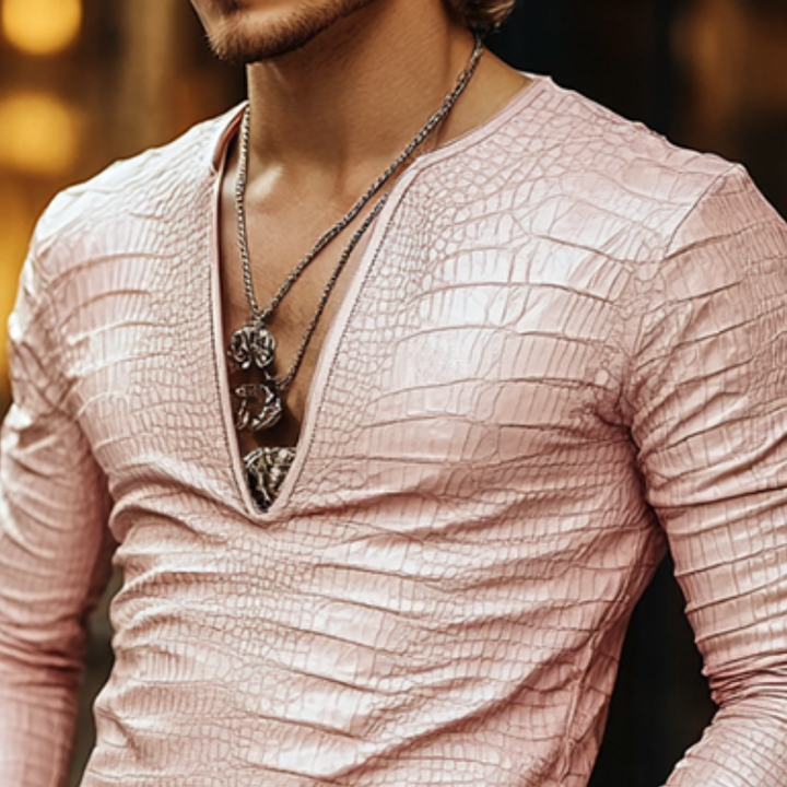 Men's Fashion Slim Fit V-Neck Textured Leather Long Sleeve T-Shirt 96006429K