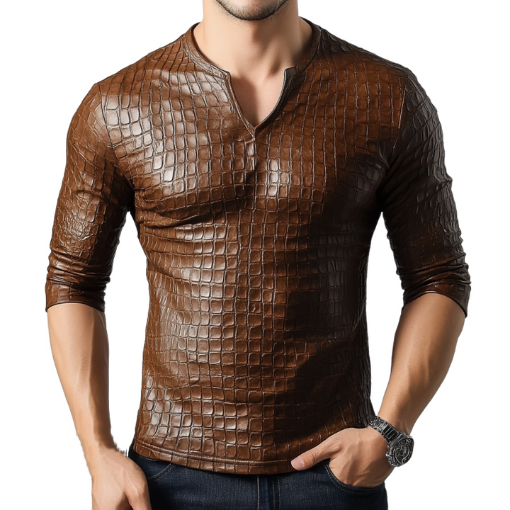 Men's Retro Casual Slim Fit V-Neck Textured Leather Long Sleeve T-Shirt 12726092K