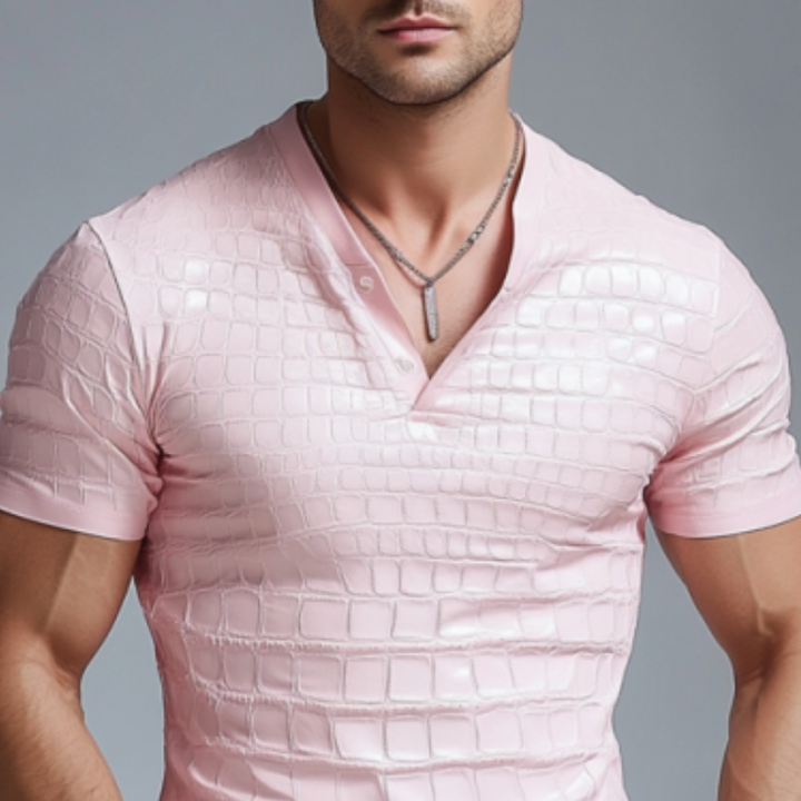 Men's Fashion Slim V-neck Textured Leather Short Sleeve T-shirt 35303139K