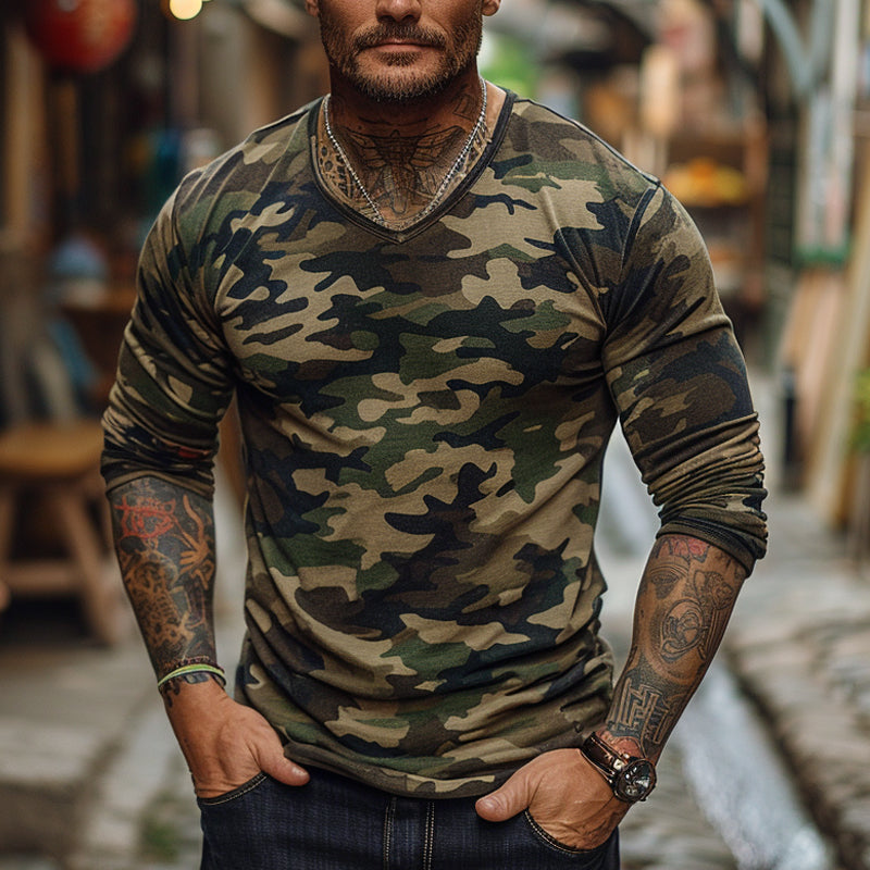 Men's Outdoor Camouflage Print V-neck Long-sleeved T-shirt 09312691X