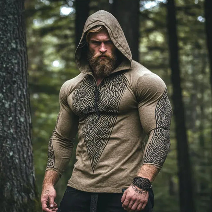 Men's Retro Casual Viking Totem Print Hooded Long Sleeve T-shirt 39204926TO