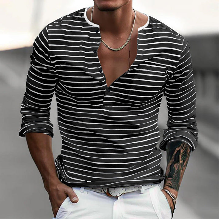 Men's Striped Henley Collar Long Sleeve Casual T-shirt 00046965Z