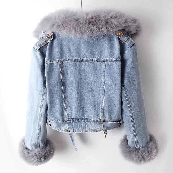 Plush Fur Collar Denim Jacket | Cropped Winter Jacket