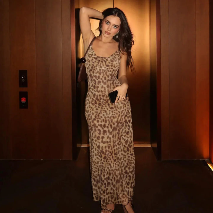 Vintage Leopard Print Tulle Maxi Dress