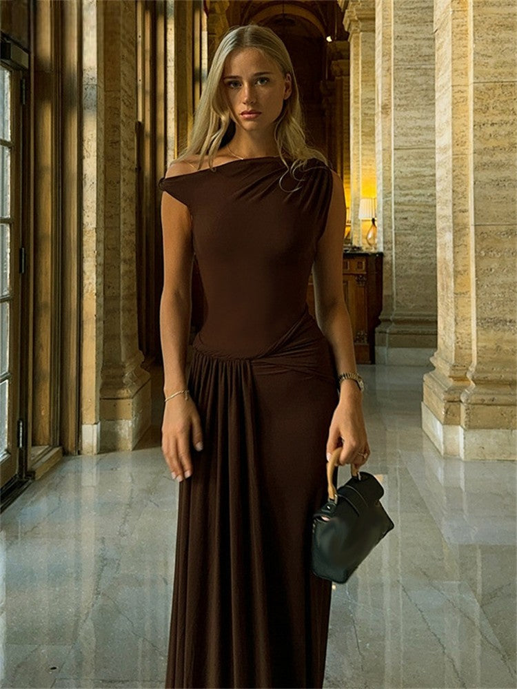 Elena - Espresso Draped Mesh Maxi Dress