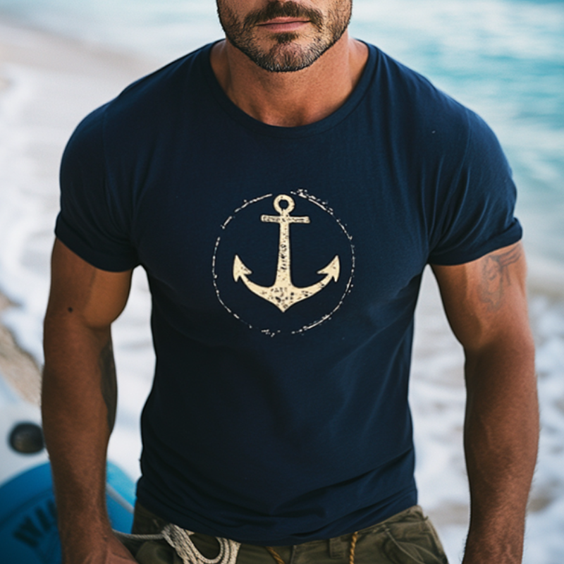 Men's Retro Casual Sailing Anchor Round Neck Short Sleeve T-Shirt 96980408TO