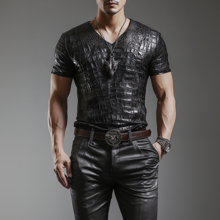 Men's Retro Fashion Slim Fit V-Neck Textured Leather Short Sleeve T-Shirt 63522435K