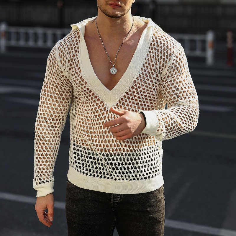 Men's Fashion Knitted Hollow Hooded Deep V Neck Long Sleeve T-Shirt 88412310Y