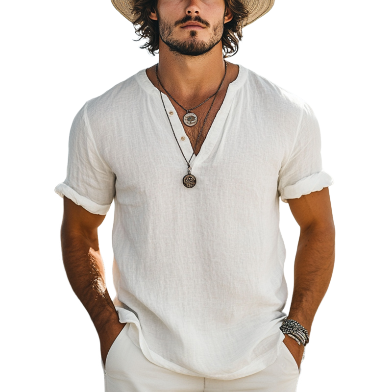 Men's Casual Simple V-neck Linen Short-sleeved T-shirt 60363446U