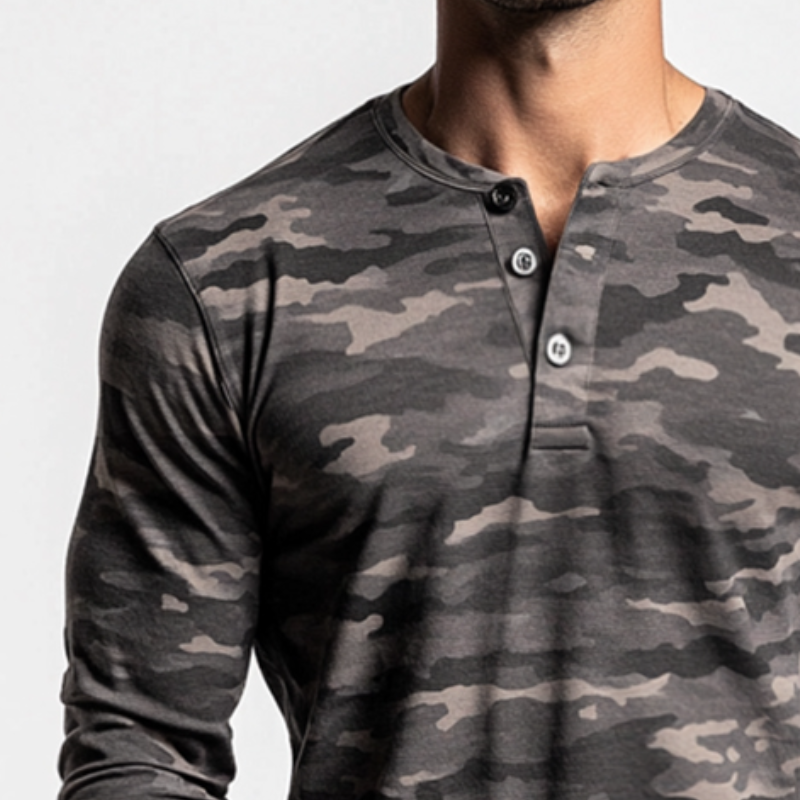 Men's Vintage Casual Camouflage Print Henley Neck Long Sleeve T-Shirt 01597083TO