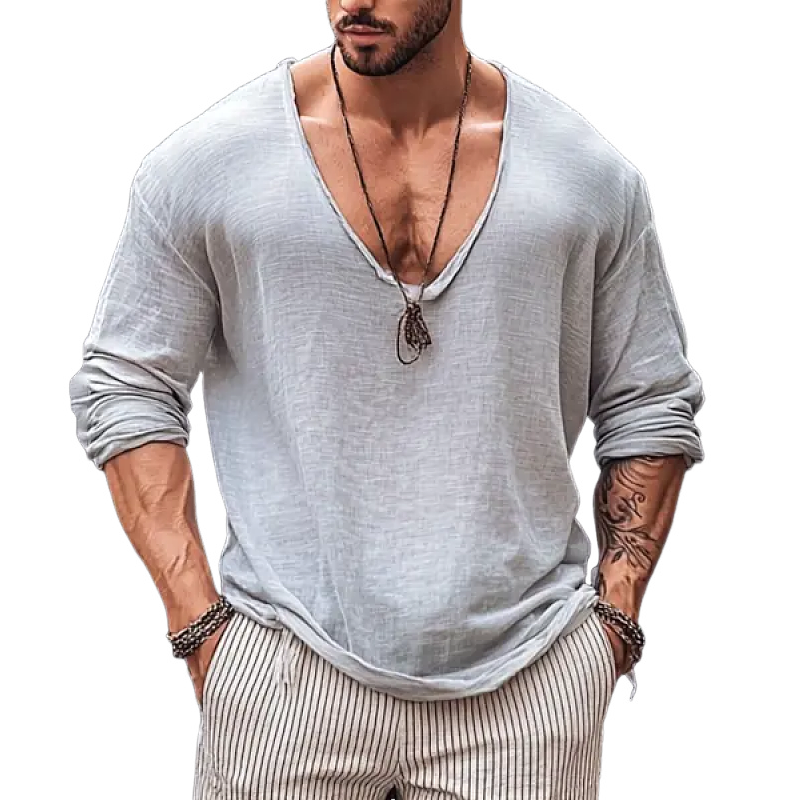 Men's Retro Skin-friendly Cotton and Linen Deep V-neck Long-sleeved T-shirt 18859364Y