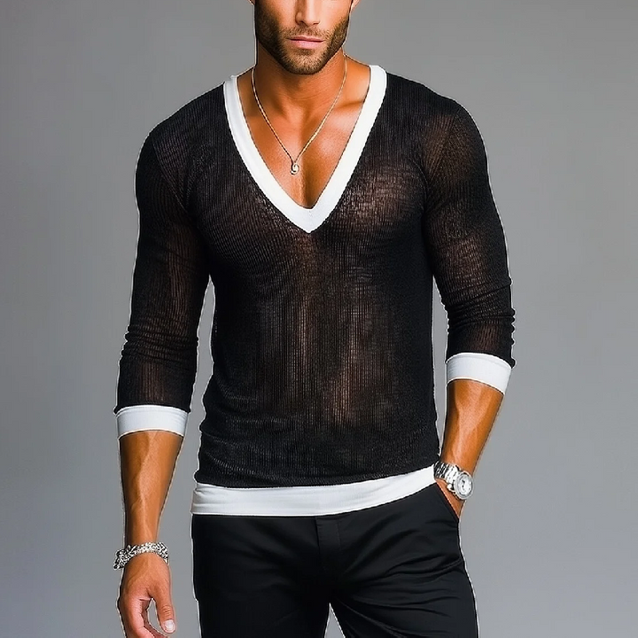 Men's Fashion Black and White Colorblock V-neck Long Sleeve T-shirt 77600521Y