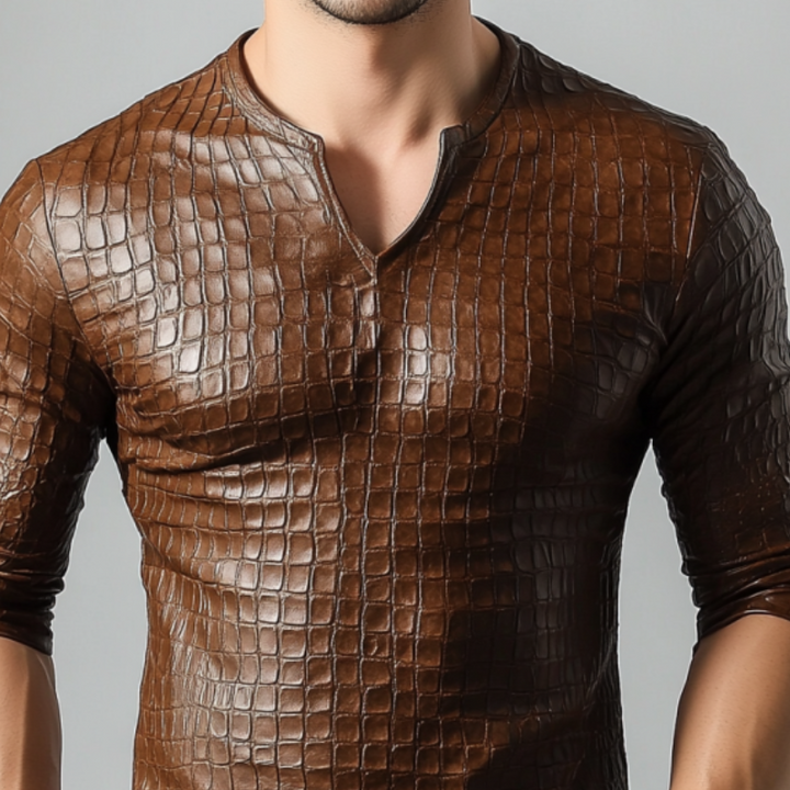 Men's Retro Casual Slim Fit V-Neck Textured Leather Long Sleeve T-Shirt 12726092K