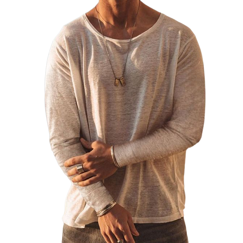 Men's Casual Loose Round Neck Cotton Solid Color Long Sleeve T-shirt 85268356U