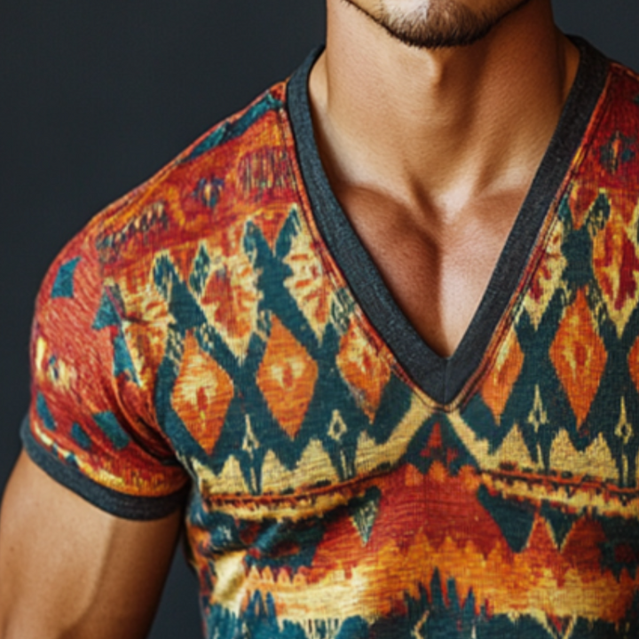 Men's Retro Casual Ethnic Style Geometric Print V-Neck Short Sleeve T-Shirt 79931796TO