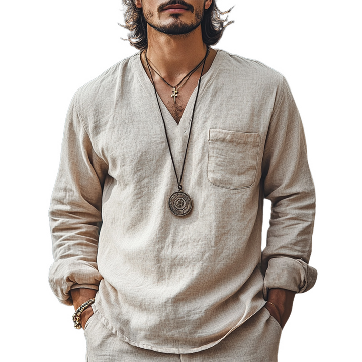 Men's Skin-friendly Casual Cotton and Linen V-neck Long-sleeved T-shirt 02327690U