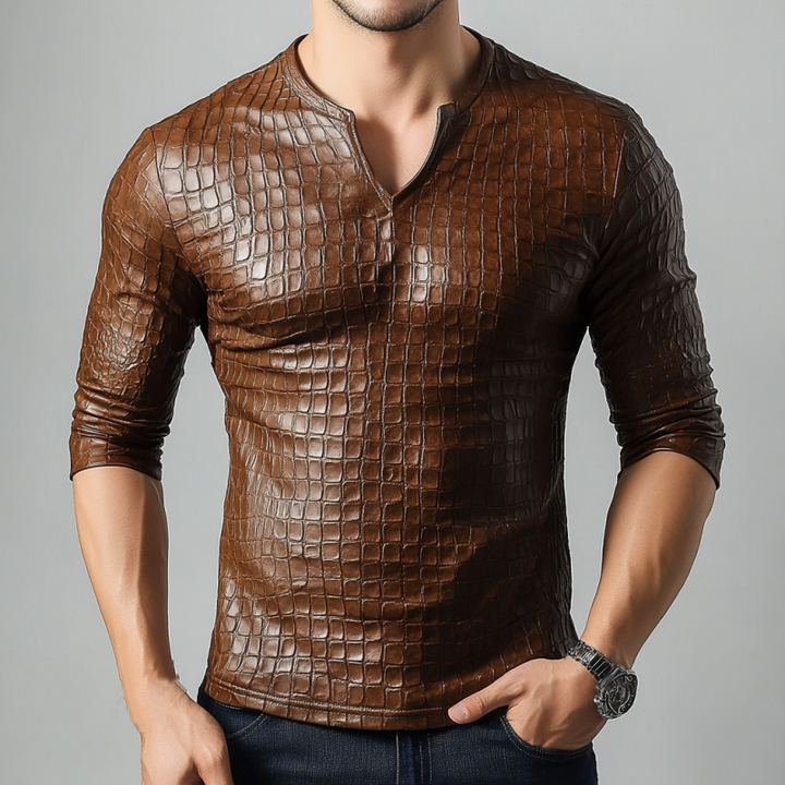 Men's Retro Casual Slim Fit V-Neck Textured Leather Long Sleeve T-Shirt 12726092K