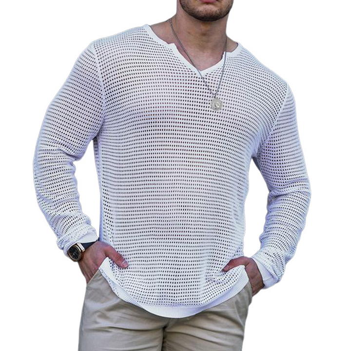 Men's Skin-friendly Mesh V-neck Knitted Long Sleeve T-shirt 91063740U