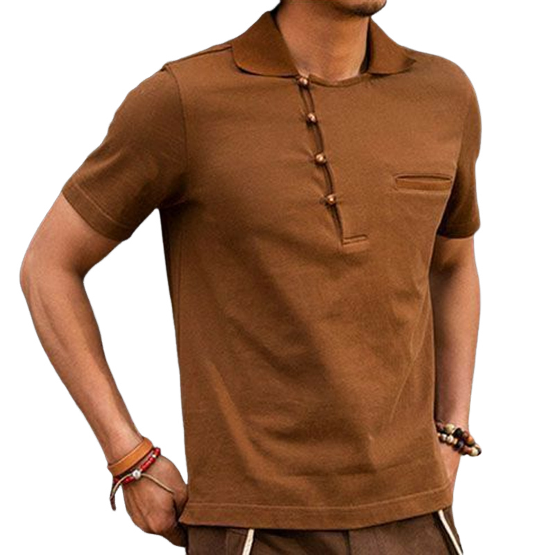 Men's Caramel Button-Down Cotton Short Sleeve T-Shirt 39263198U