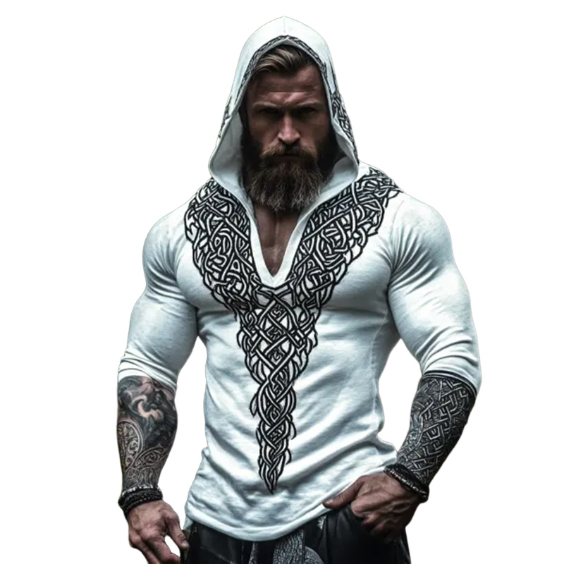 Men's Retro Casual Viking Totem Print Hooded Long Sleeve T-shirt 16186529TO