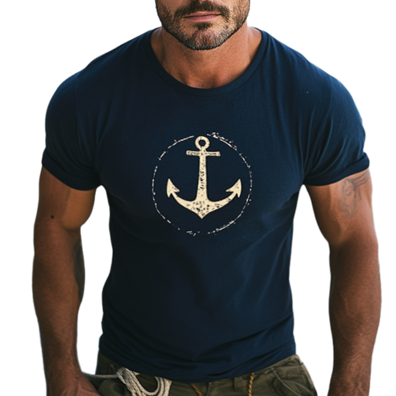 Men's Retro Casual Sailing Anchor Round Neck Short Sleeve T-Shirt 96980408TO