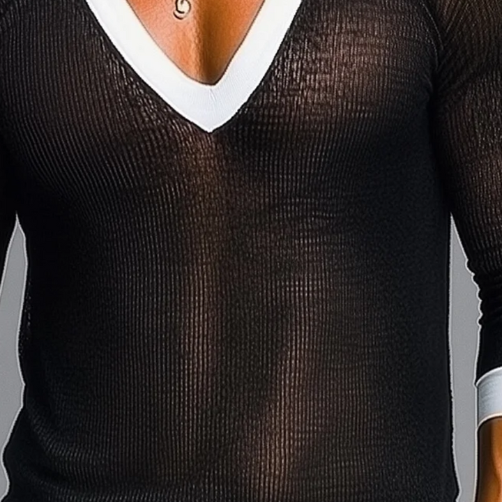 Men's Fashion Black and White Colorblock V-neck Long Sleeve T-shirt 77600521Y