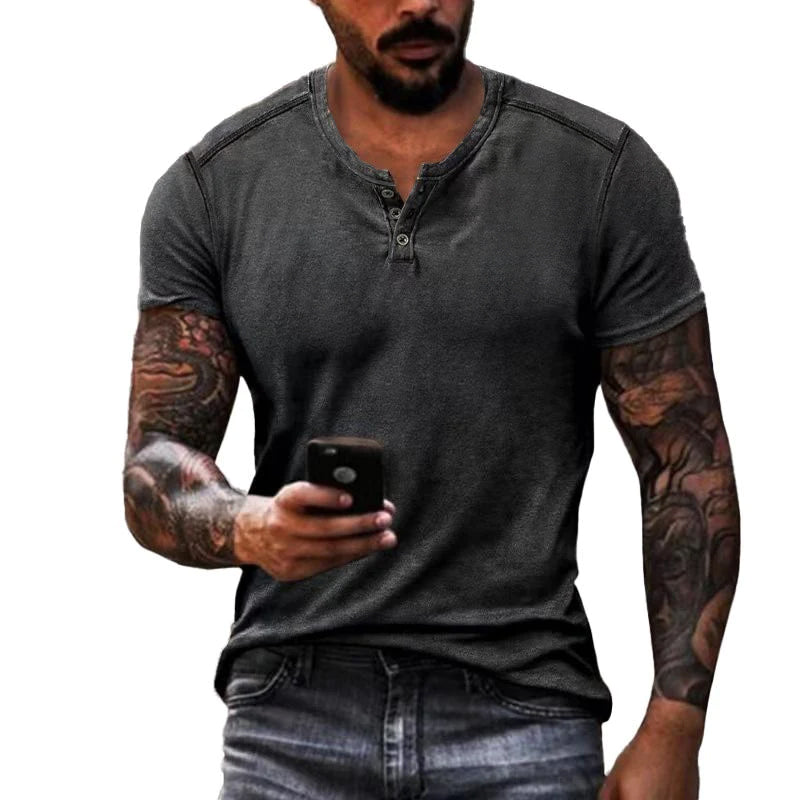 Men's Casual Solid Color Henley Collar Short Sleeve T-Shirt 55722222Y