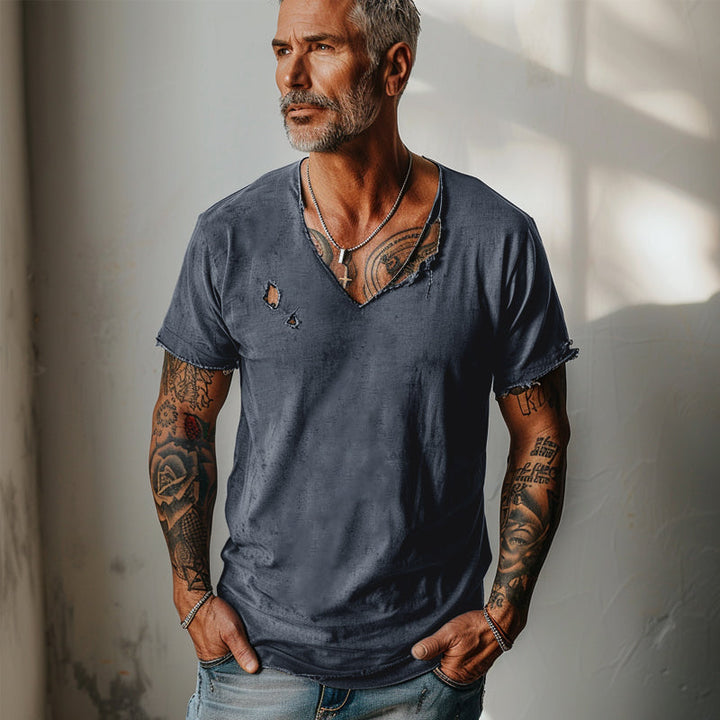 Men's Distressed Ripped Raw Edge V-Neck Short-Sleeved T-Shirt 83736876Y