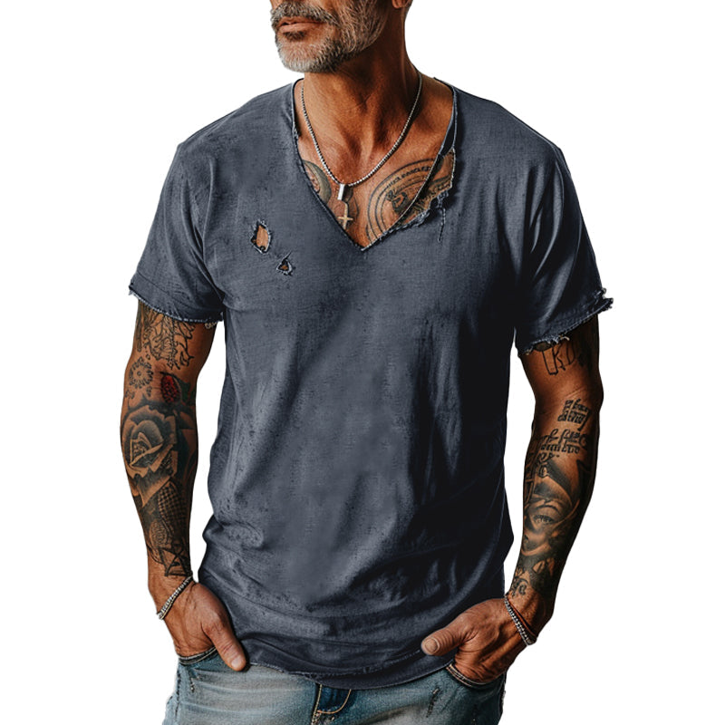 Men's Distressed Ripped Raw Edge V-Neck Short-Sleeved T-Shirt 83736876Y