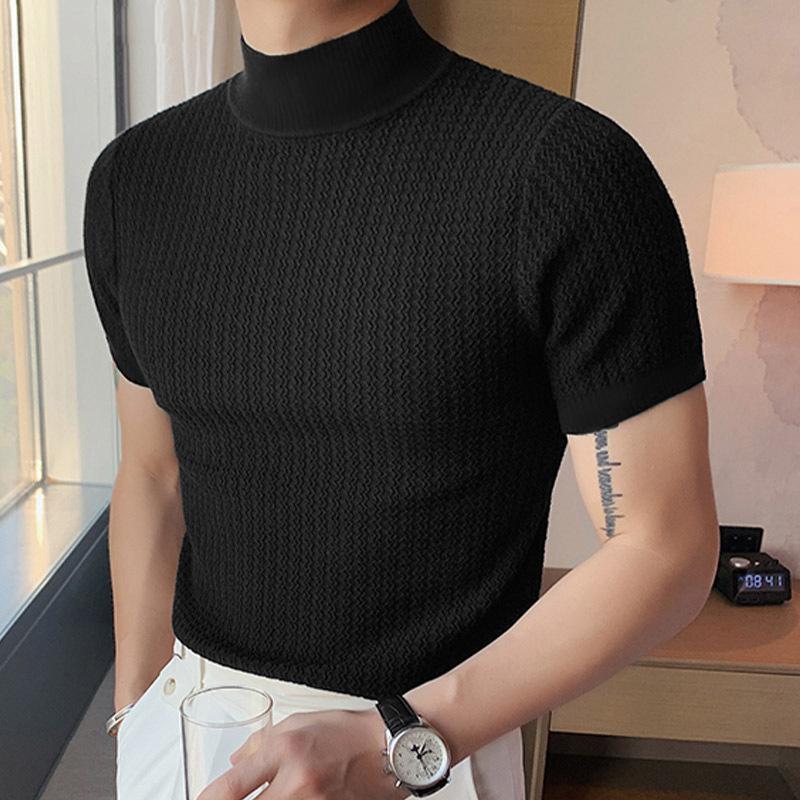 Men's Half Turtleneck Solid Color Tight Knitted Short-Sleeved T-Shirt 47280589Y