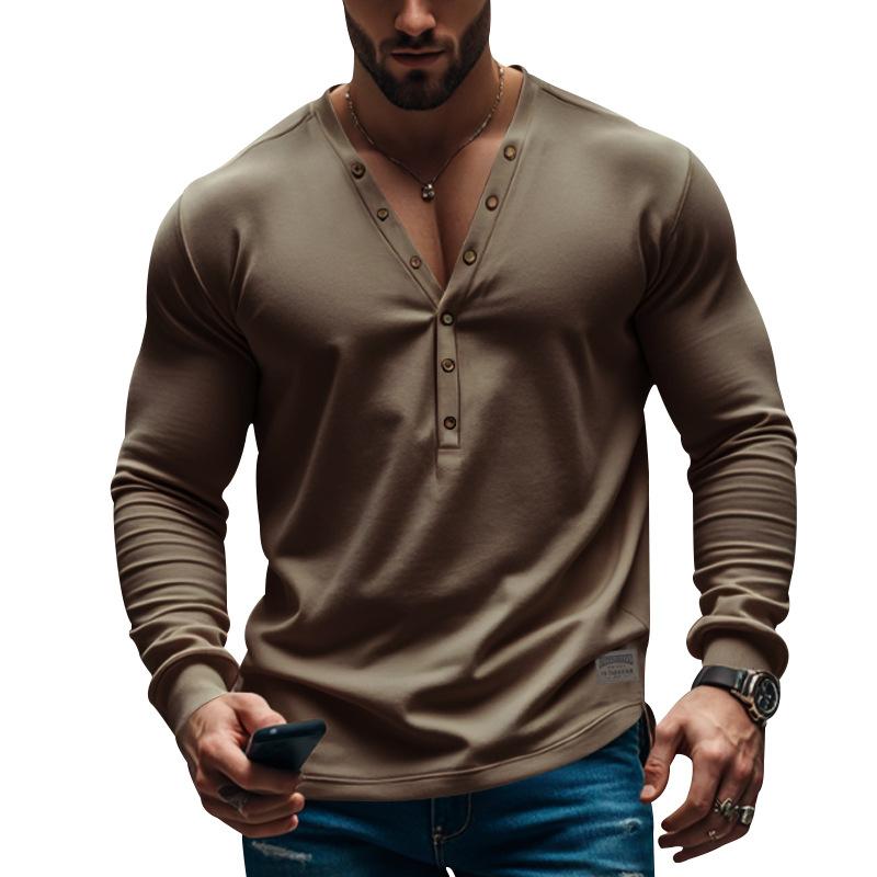 Men's Casual Thin V-neck Button Slim Long Sleeve T-shirt 66506716M