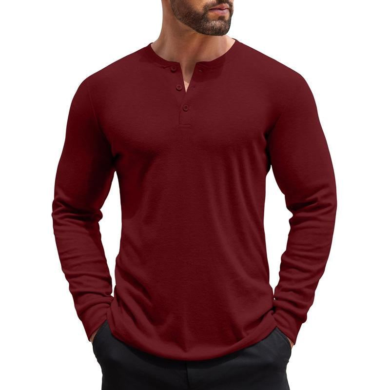 Men's Solid Color Henley Collar Casual Long Sleeve T-Shirt 08520324X