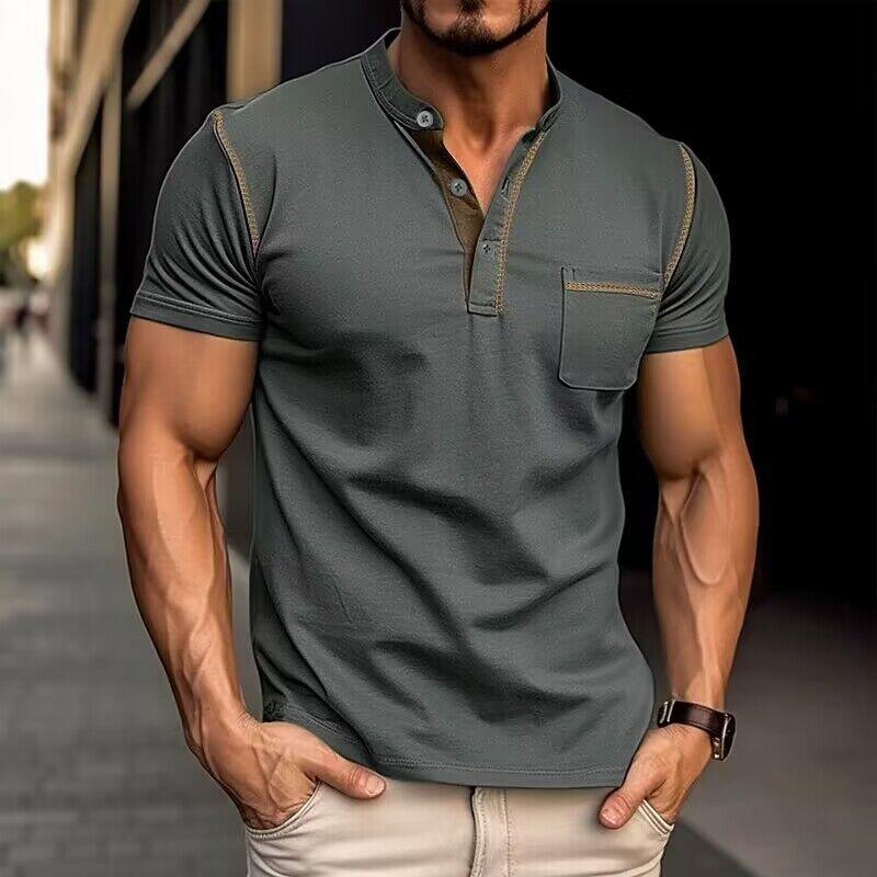 Men's Casual Colorblock Henley Collar Short Sleeve T-Shirt 53275107Y