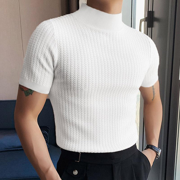 Men's Half Turtleneck Solid Color Tight Knitted Short-Sleeved T-Shirt 47280589Y